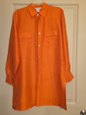 Allison Taylor Orange Silk Button-Up Tunic Botton Up Longsleeve Side Slit Size L